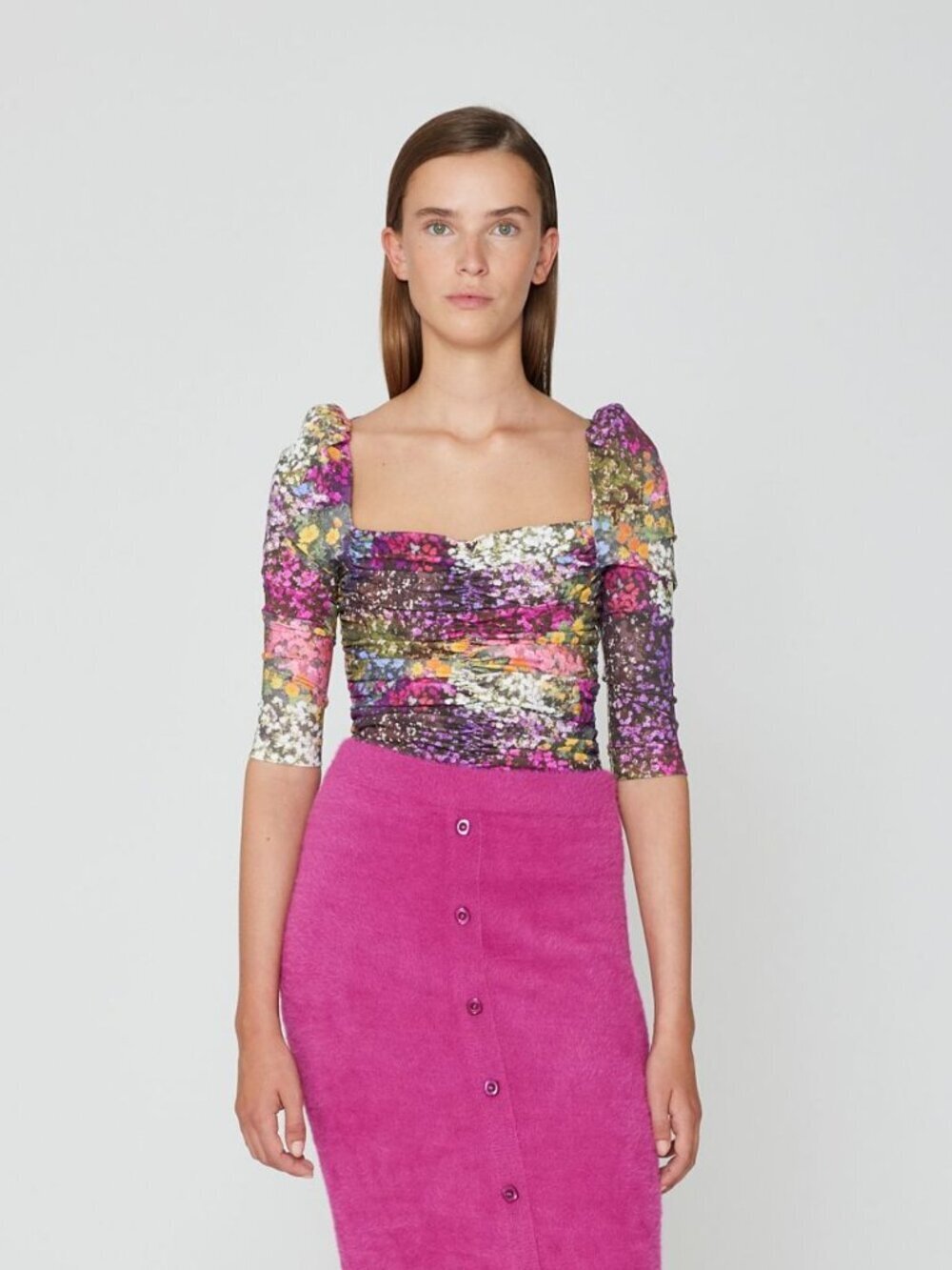 ROTATE BY BIRGER CHRISTENSEN Freja Very Berry Floral Ruched Top, Size 6